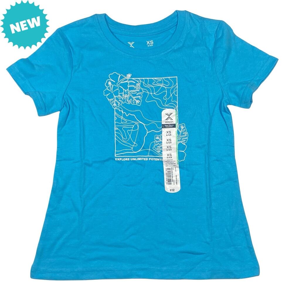 Xersion T-Shirt Girls Size XS 6/6X Graphic Tee Explore Blue Short Sleeve NEW